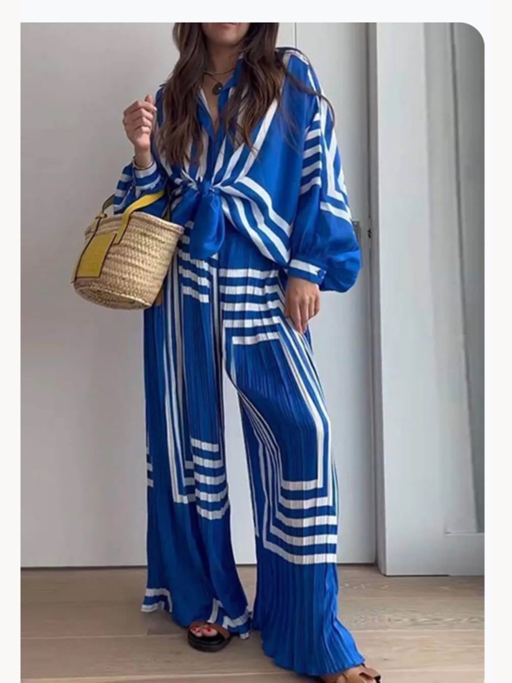 Blue Striped Wide-Leg Jumpsuit Set - Elegant Coastal Style